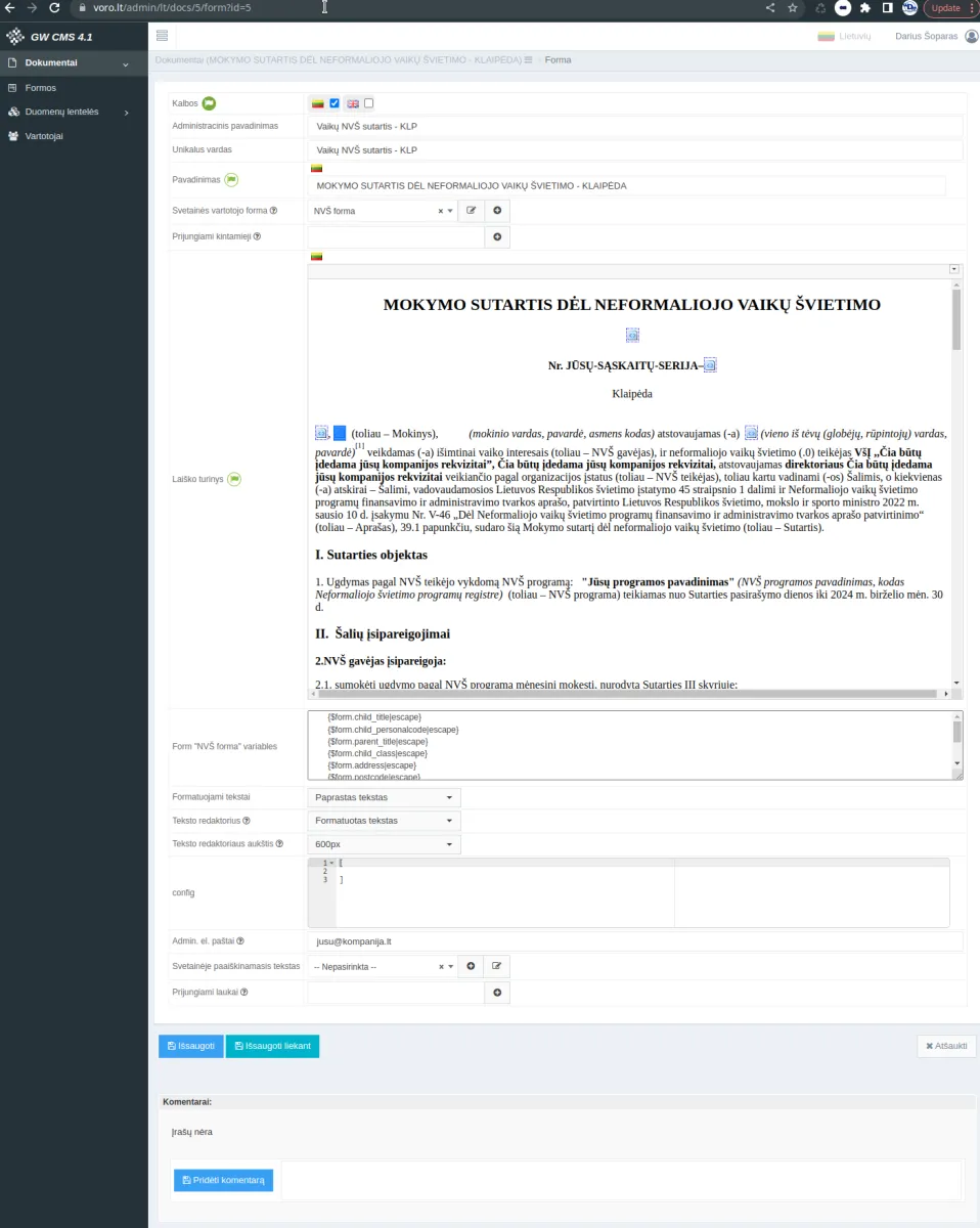 2. Administravimo aplinka - sutarties šablono redagavimas